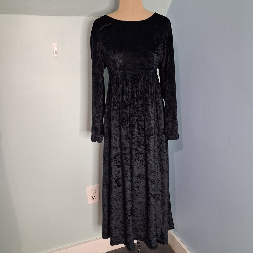 Moda International VTG Witchy Black Crushed Velvet Midi Dress Empire Waist sz 8